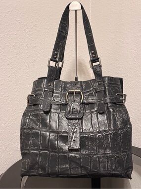 Black Croc-Embossed Leather Tote Bag with Buckle Detail